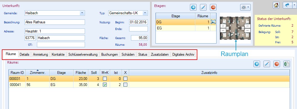 OBUko Unterkunftsverwaltung - Raumübersicht